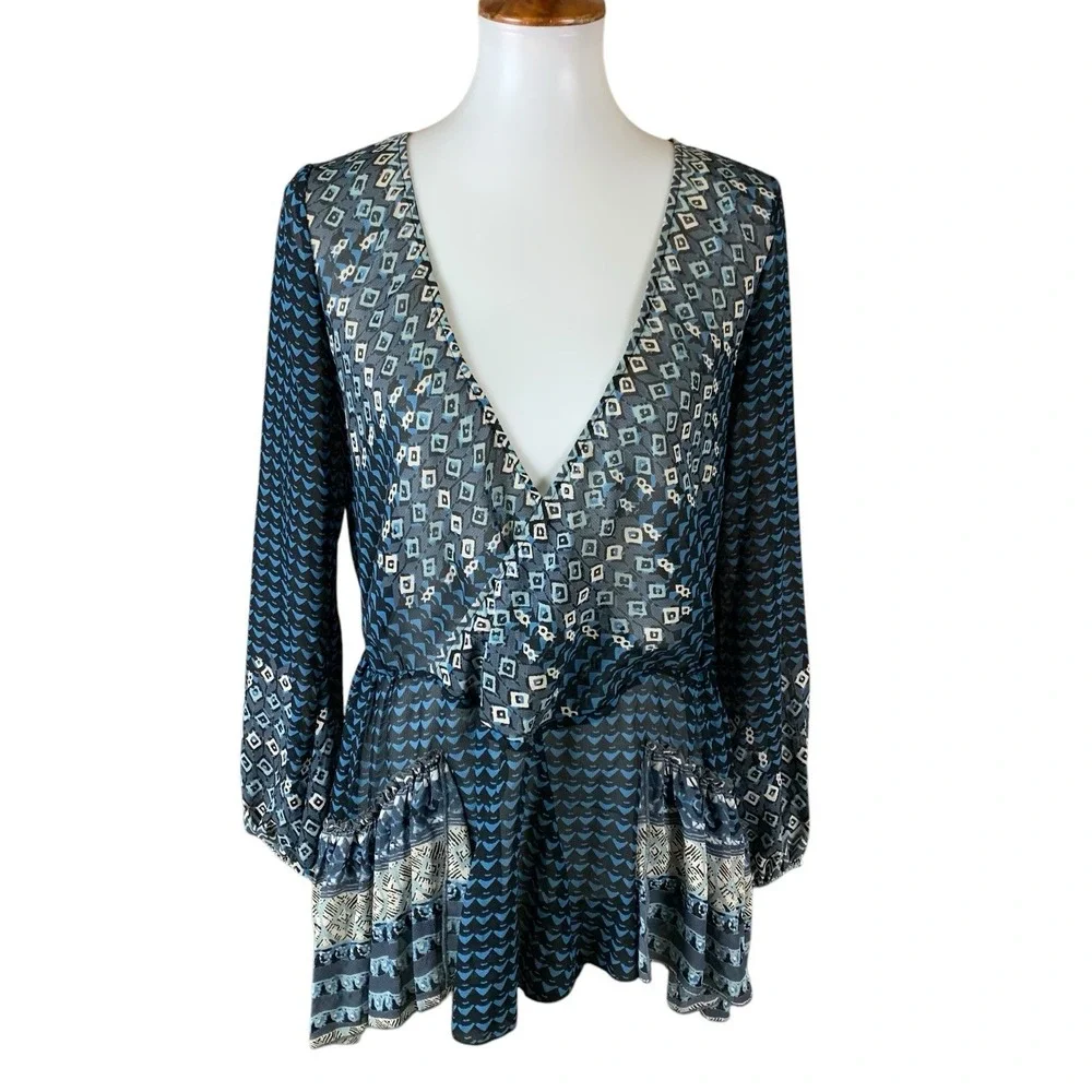 Free People Boho Elephant Print Ruffle Hem Wrap Sheer Top Small Long Sleeve Blue